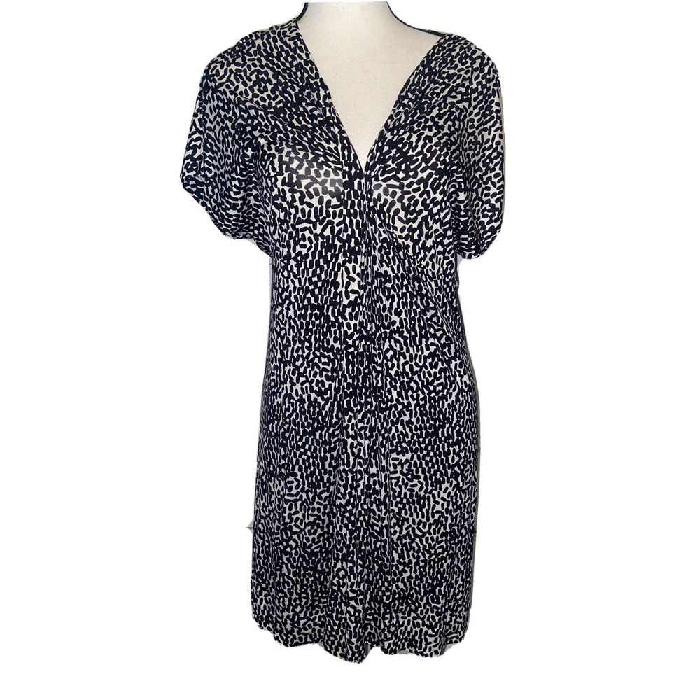 Diane von Furstenberg Natalie 100% Silk Black Dress 10 white dot shift Empire